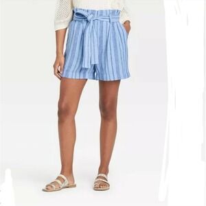 a. new day Women's Light Blue Paper Bag Belted High‎ Rise Shorts Size L